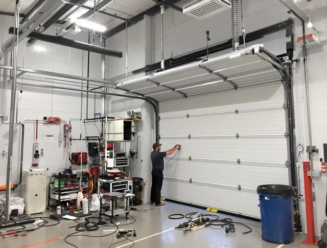 Windham Garage Door Repair certified technician performing commercial door repair at a Windham business facility