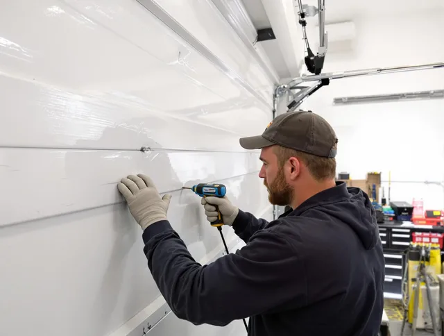 Windham Garage Door Repair technician demonstrating precision dent removal techniques on a Windham garage door