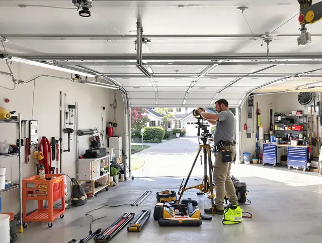 Windham Garage Door Repair specialist performing laser-guided track alignment in Windham